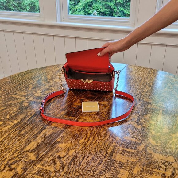 NWOT Michael Kors Gold Studded Crossbody Bag. Red. Gold Chain. Removable Strap. - Picture 12 of 16